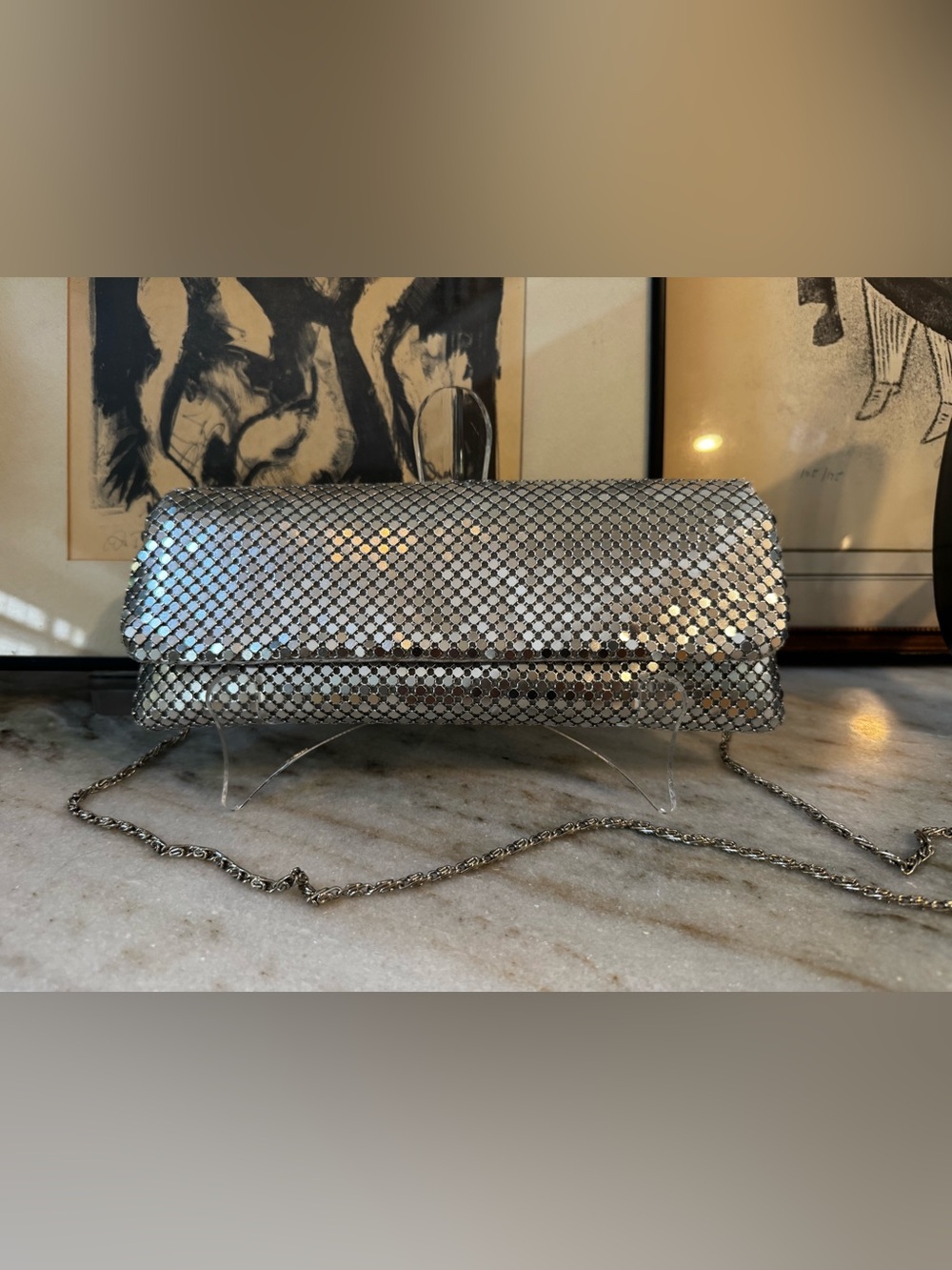 Silver Metal Mesh Envelope Clutch Crossbody Evening Bag